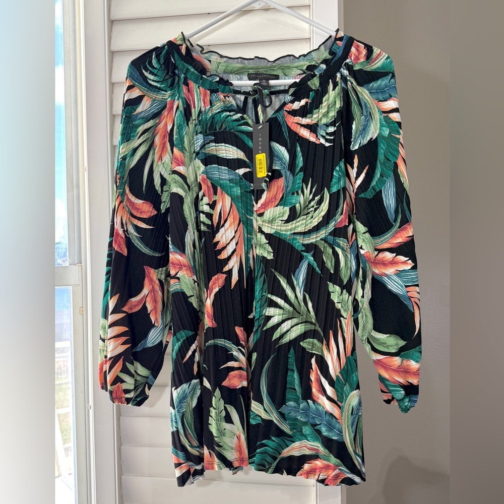 Womens Long Sleeve Blouse Size XL Black Colorful Palm print Pleated Shirt NWT